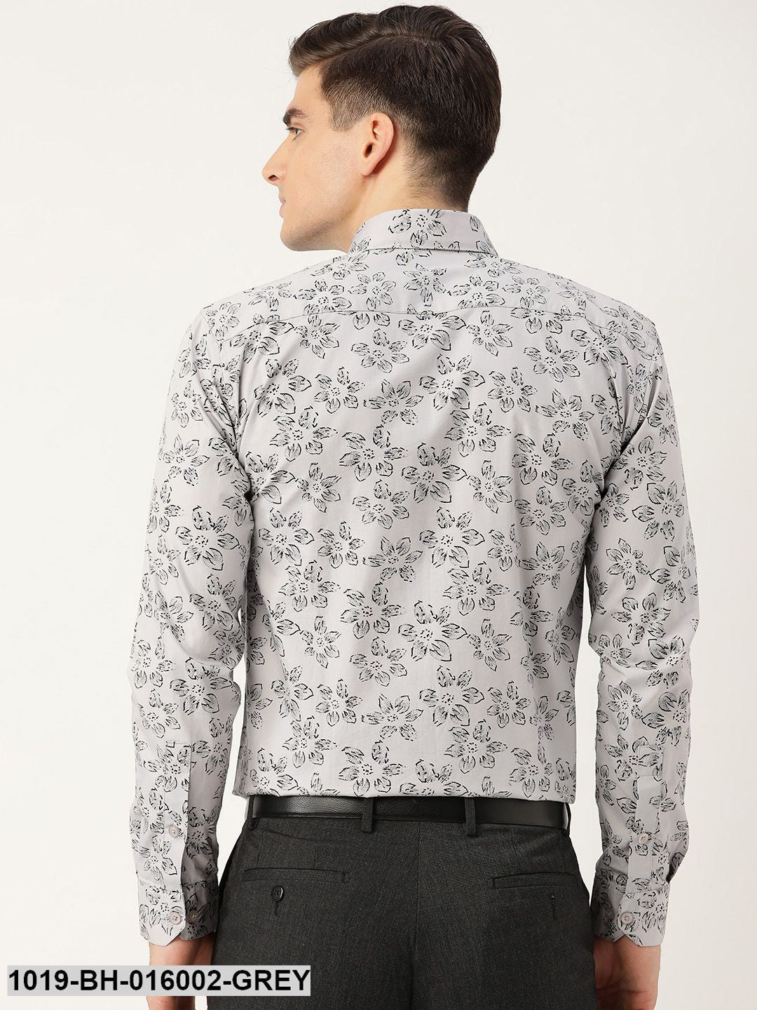 Men's Cotton Grey & Black Printed Formal Shirt