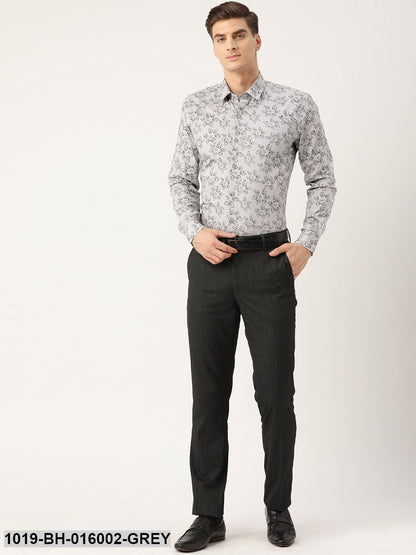 Men's Cotton Grey & Black Printed Formal Shirt