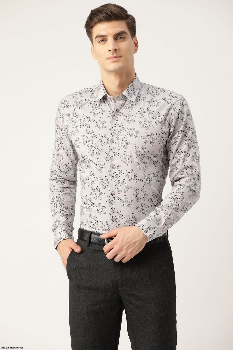 Men's Cotton Grey & Black Printed Formal Shirt