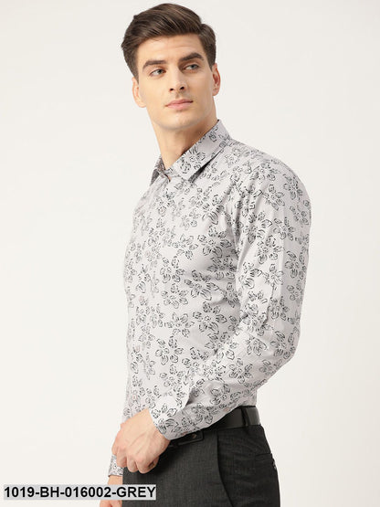 Men's Cotton Grey & Black Printed Formal Shirt