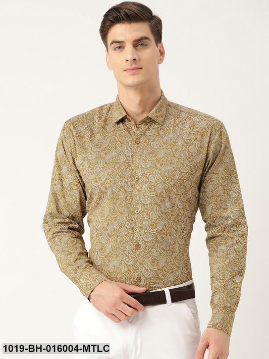 Men's Cotton Metallic Gold & White Printed Formal Shirt