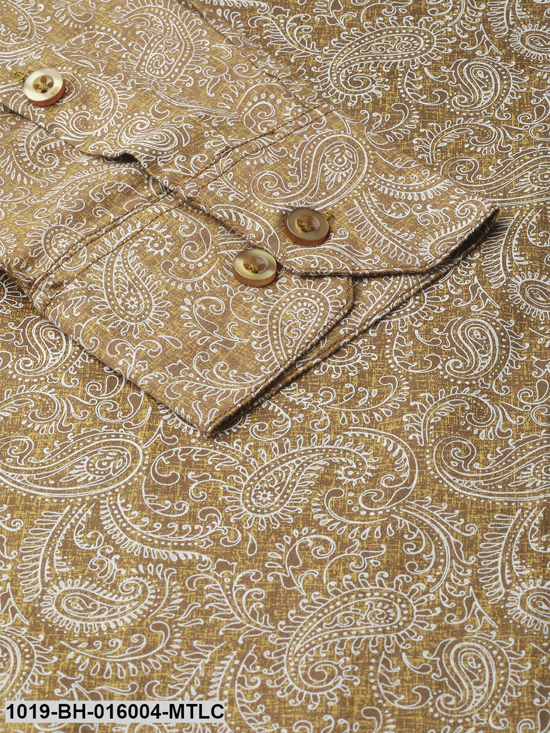 Men's Cotton Metallic Gold & White Printed Formal Shirt