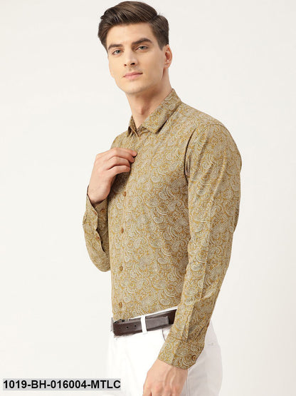 Men's Cotton Metallic Gold & White Printed Formal Shirt