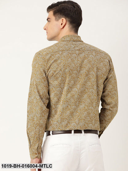 Men's Cotton Metallic Gold & White Printed Formal Shirt