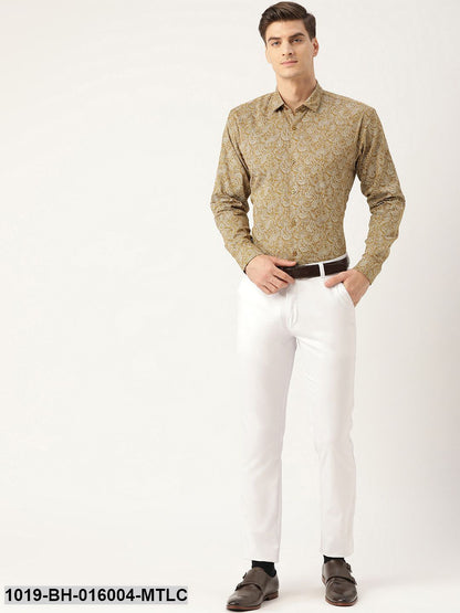 Men's Cotton Metallic Gold & White Printed Formal Shirt