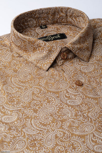 Men's Cotton Metallic Gold & White Printed Formal Shirt