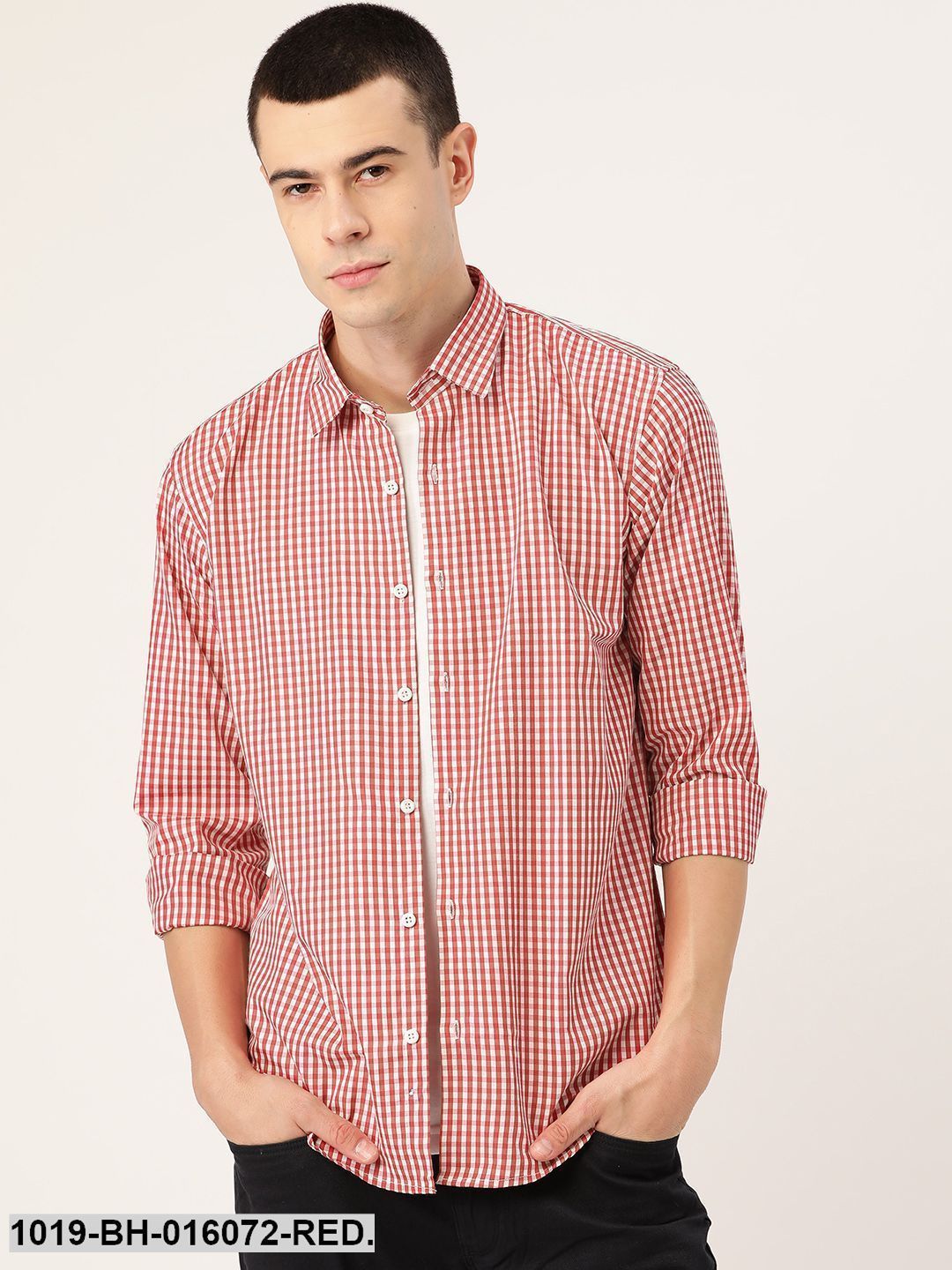 Men's Cotton Red & White Checked Casual Shirt