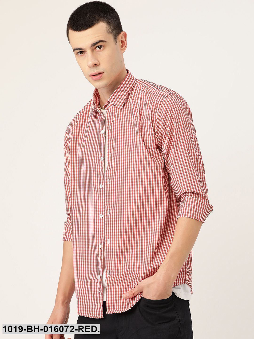 Men's Cotton Red & White Checked Casual Shirt