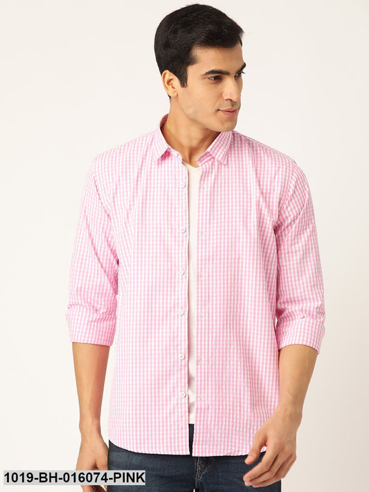 Men's Cotton Pink & White Checked Casual Shirt