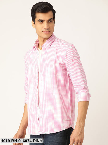 Men's Cotton Pink & White Checked Casual Shirt