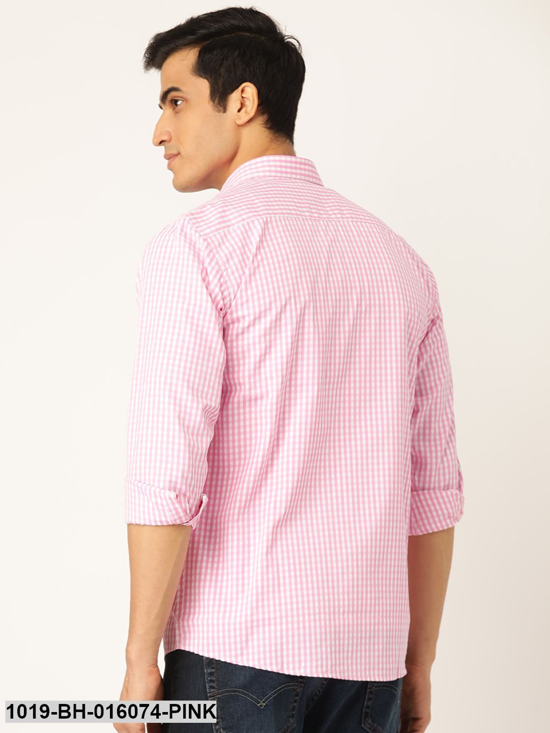 Men's Cotton Pink & White Checked Casual Shirt