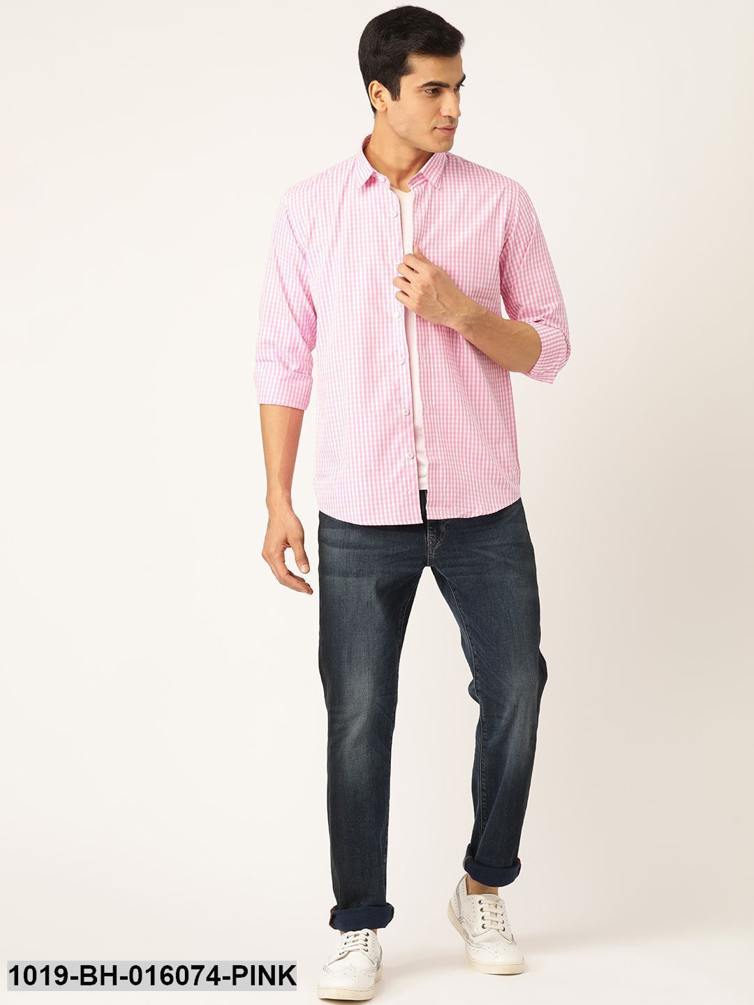 Men's Cotton Pink & White Checked Casual Shirt