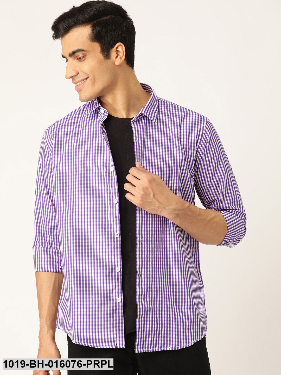 Men's Cotton Purple & White Checked Casual Shirt