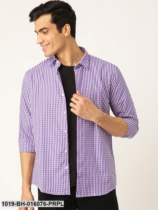 Men's Cotton Purple & White Checked Casual Shirt