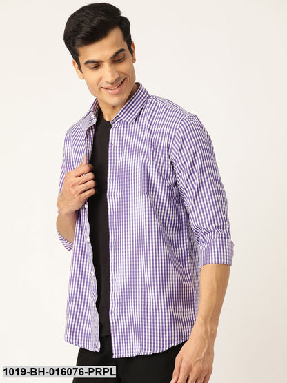 Men's Cotton Purple & White Checked Casual Shirt