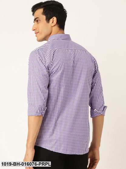 Men's Cotton Purple & White Checked Casual Shirt