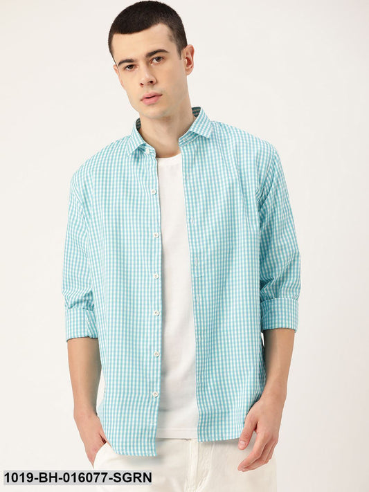 Men's Cotton Sea Green & White Checked Casual Shirt