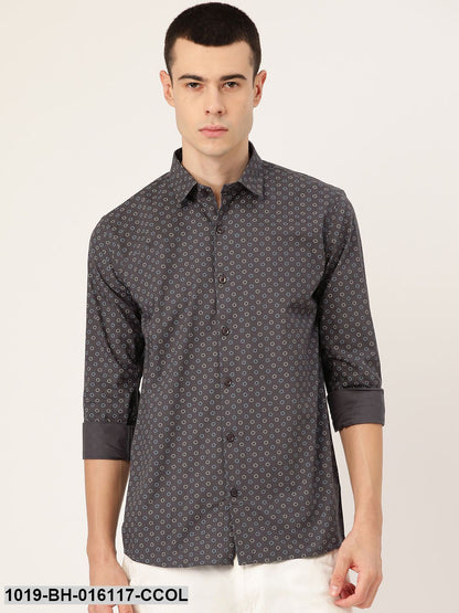 Men's Cotton Charcoal Grey Printed Casual Shirt