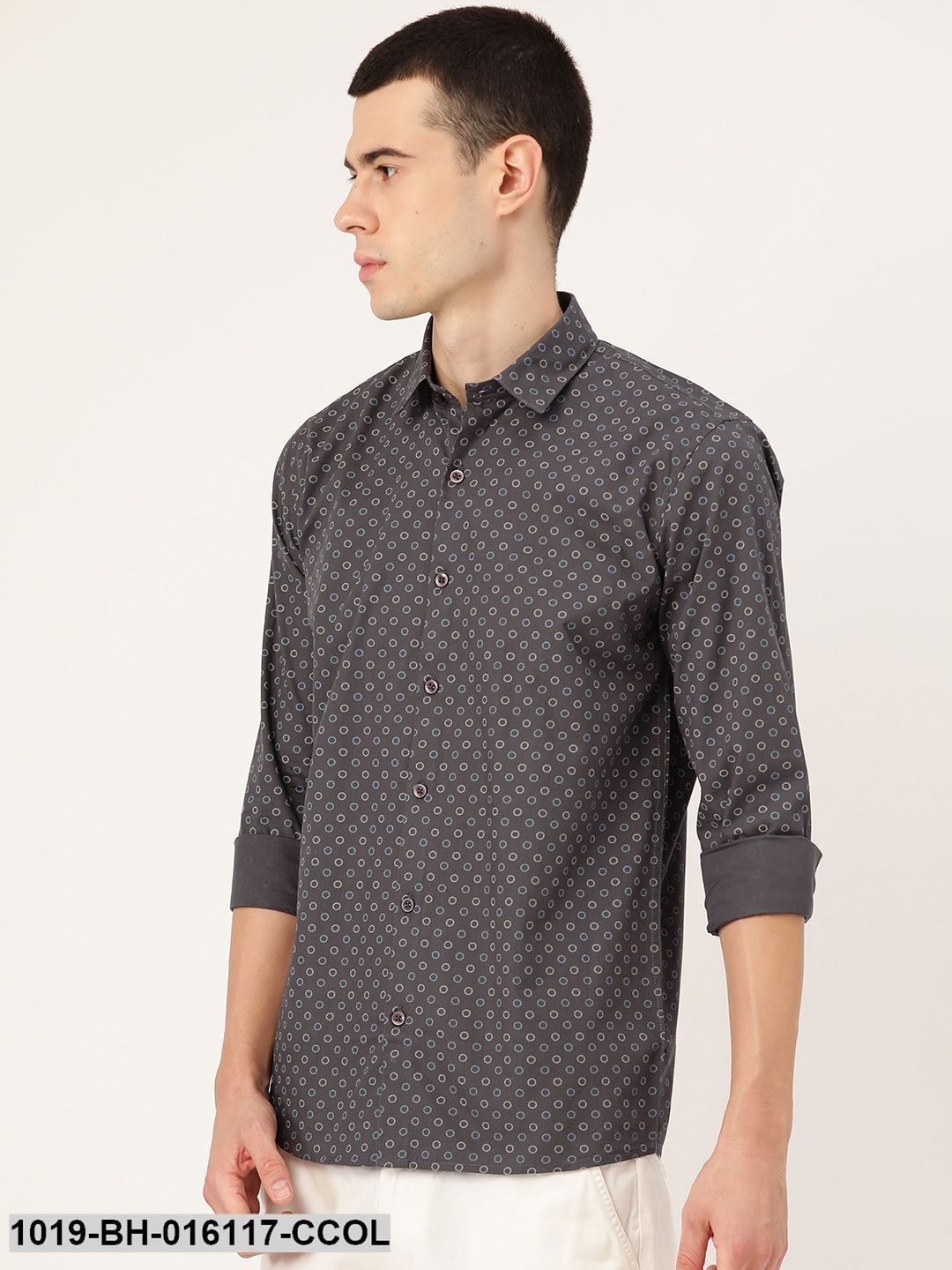 Men's Cotton Charcoal Grey Printed Casual Shirt