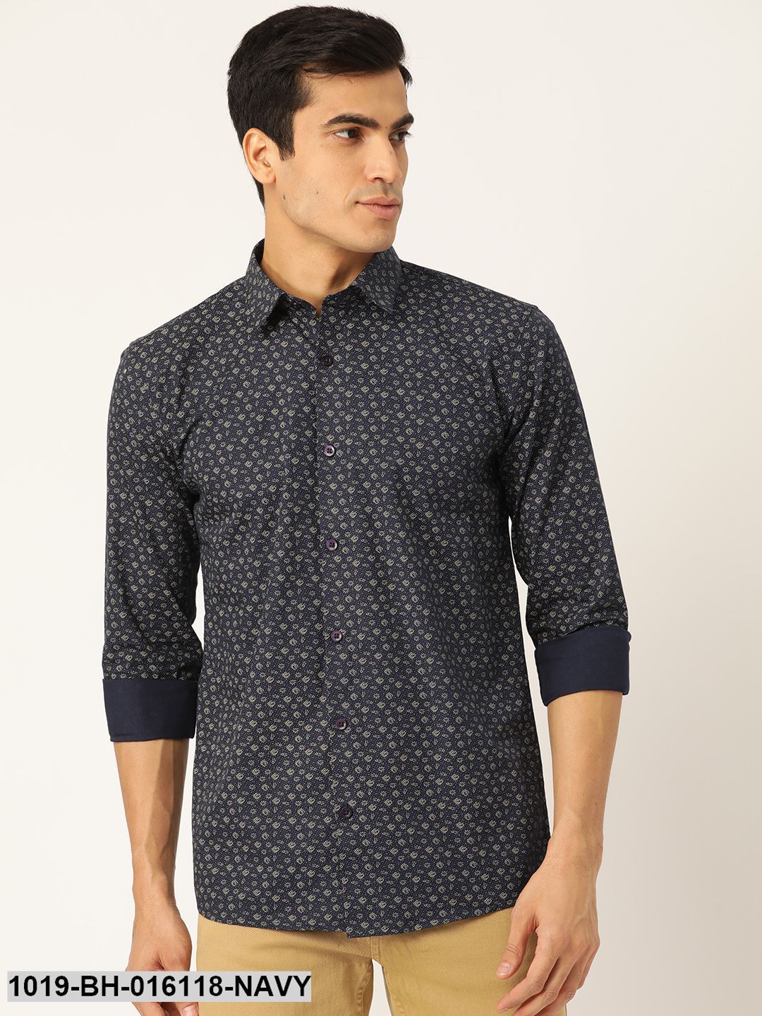 Men's Cotton Navy Blue & Gold Printed Casual Shirt