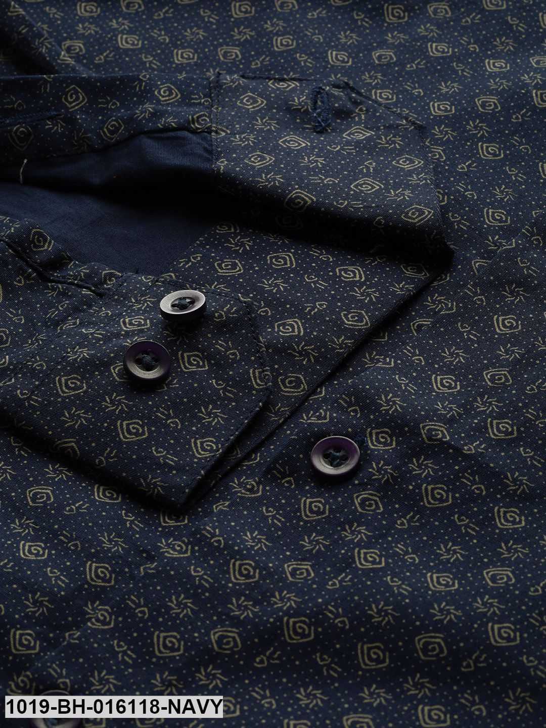 Men's Cotton Navy Blue & Gold Printed Casual Shirt