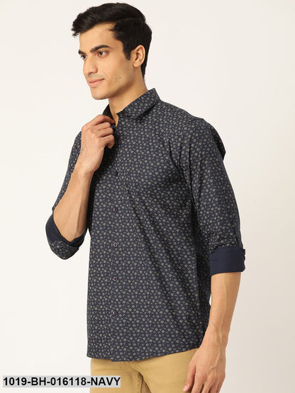 Men's Cotton Navy Blue & Gold Printed Casual Shirt