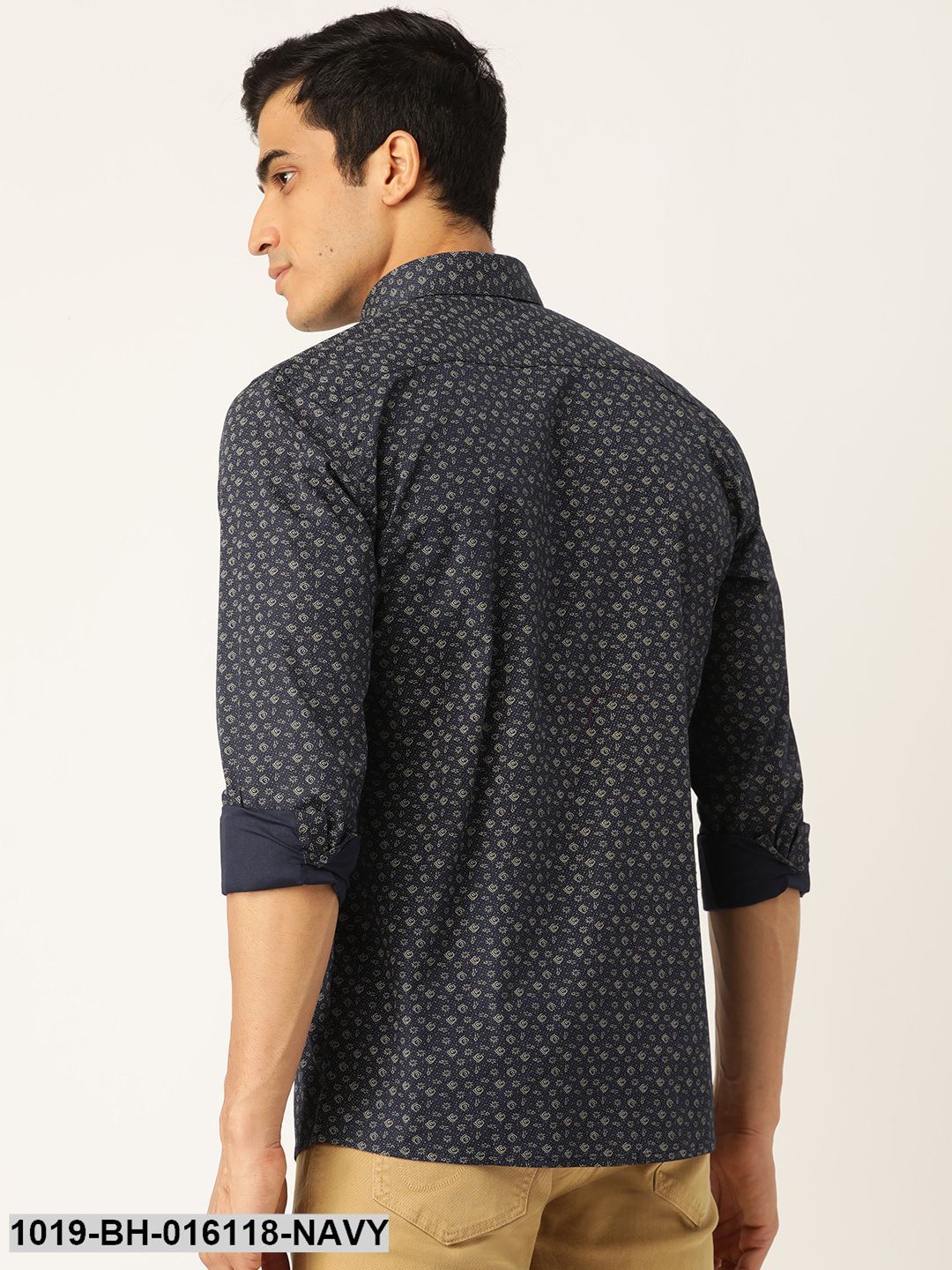 Men's Cotton Navy Blue & Gold Printed Casual Shirt