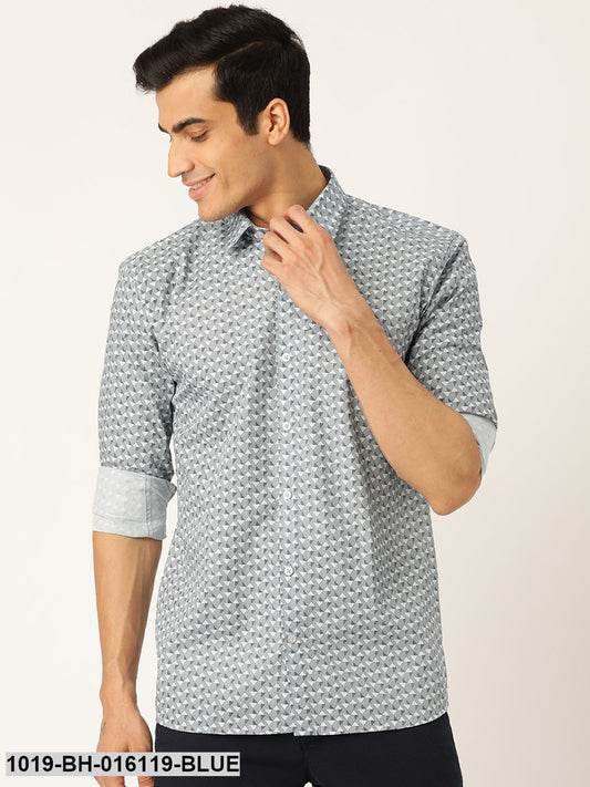 Men's Cotton Blue & Off-white Printed Casual Shirt