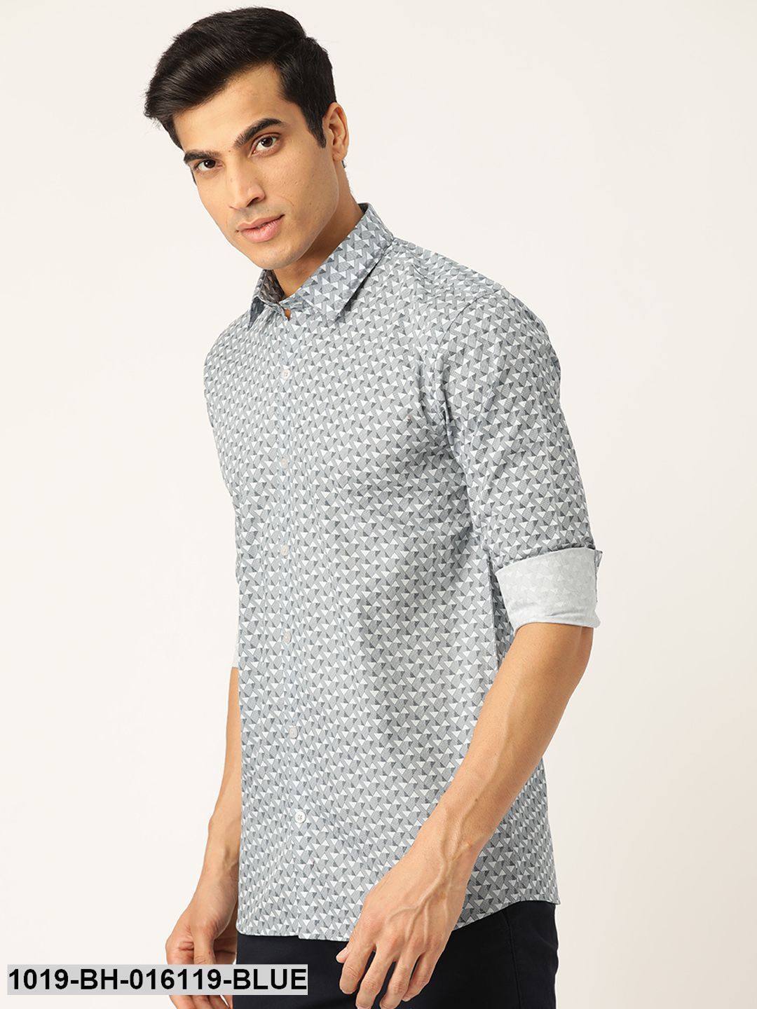 Men's Cotton Blue & Off-white Printed Casual Shirt