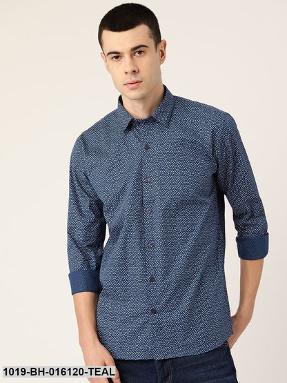 Men's Cotton Teal Blue & Grey Printed Casual Shirt