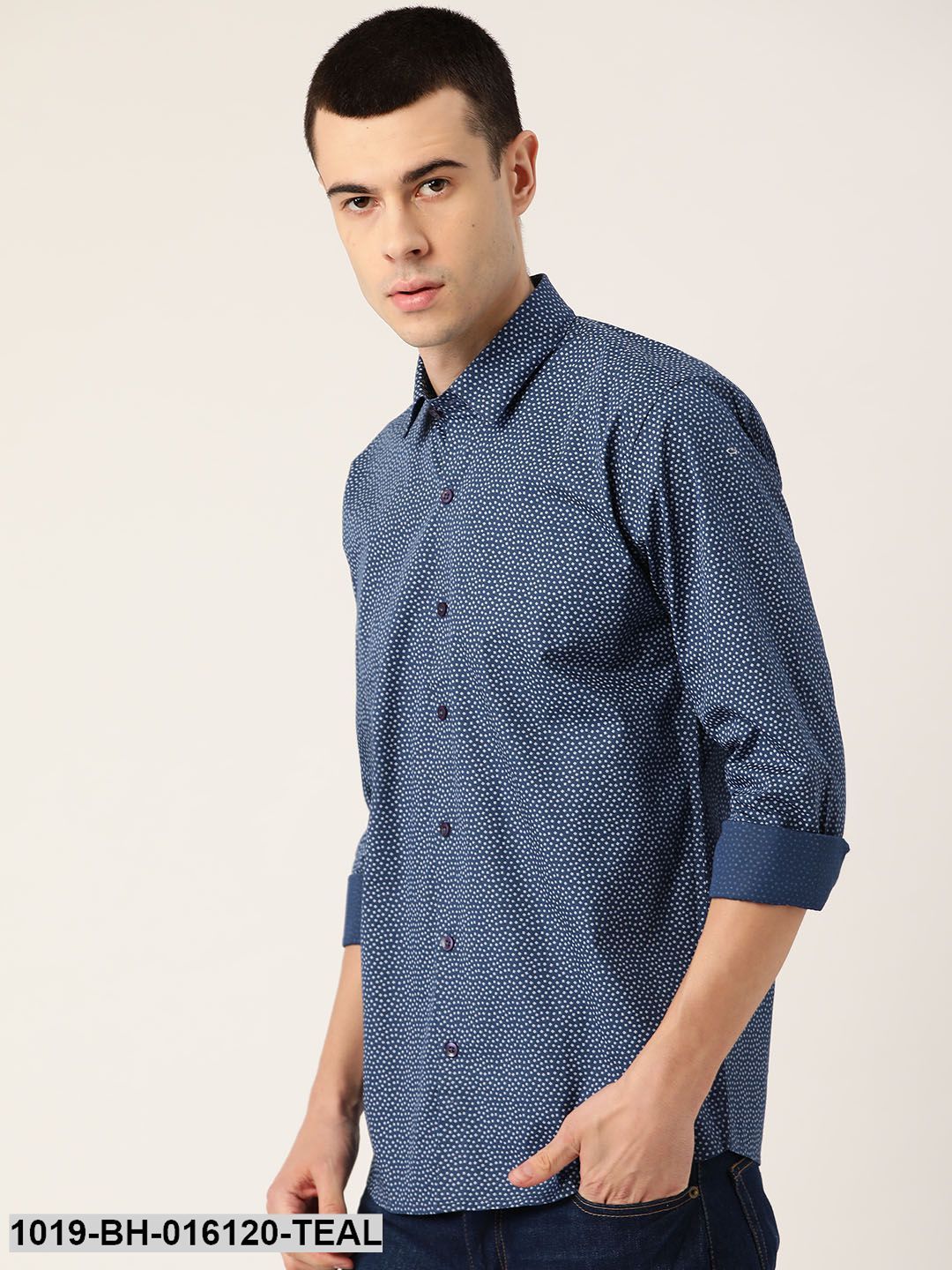 Men's Cotton Teal Blue & Grey Printed Casual Shirt