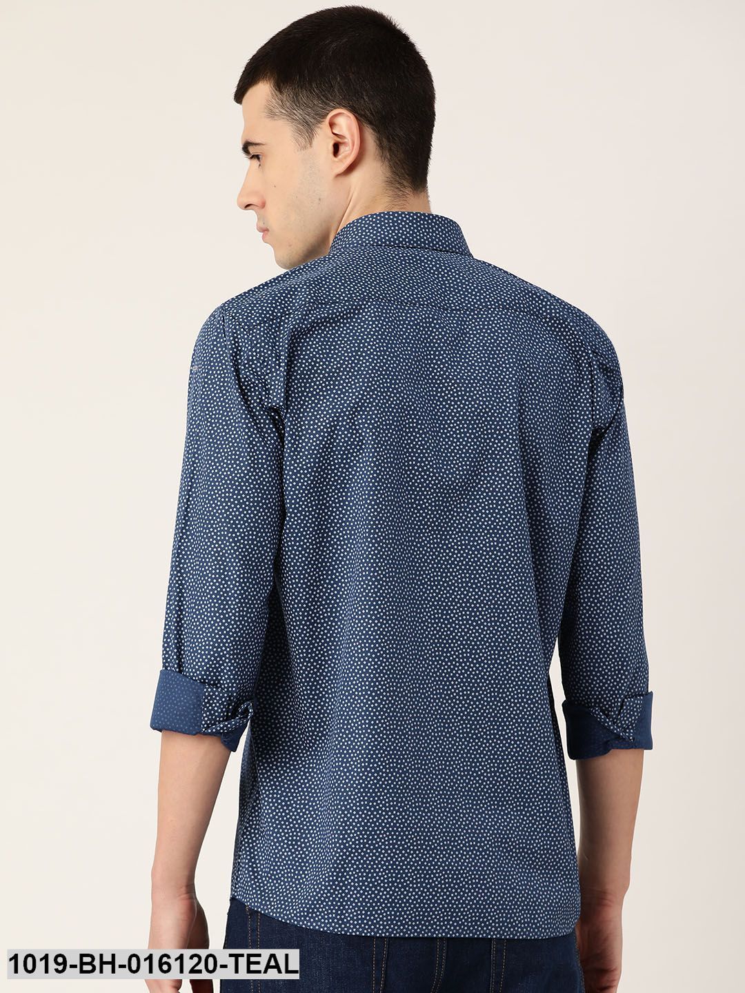 Men's Cotton Teal Blue & Grey Printed Casual Shirt