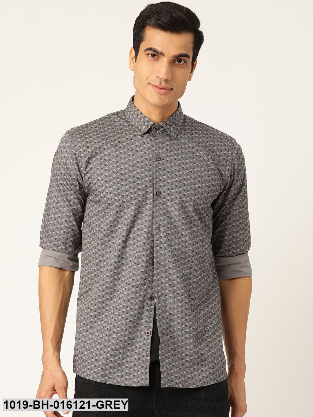 Men's Cotton Grey & Black Printed Casual Shirt