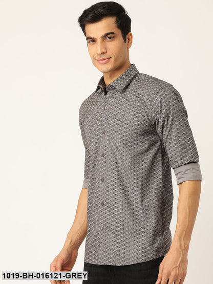 Men's Cotton Grey & Black Printed Casual Shirt