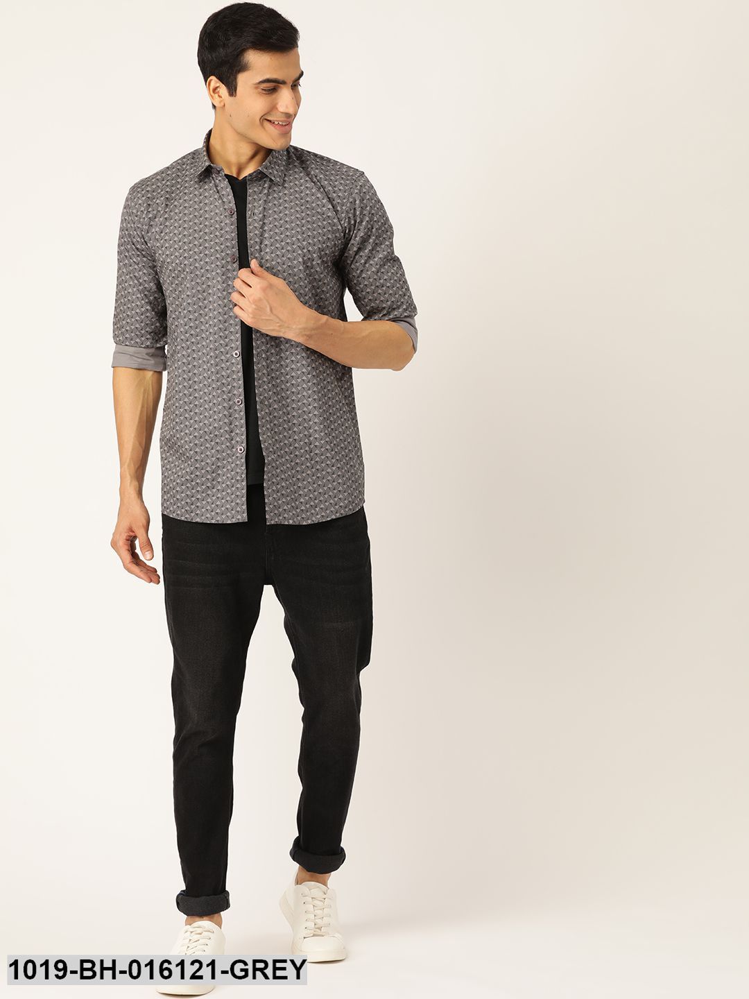 Men's Cotton Grey & Black Printed Casual Shirt