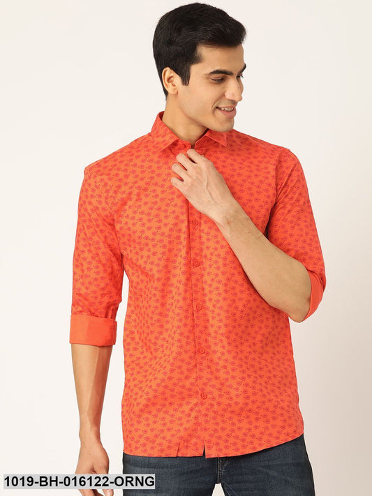 Men's Cotton Orange & Red Printed Casual Shirt