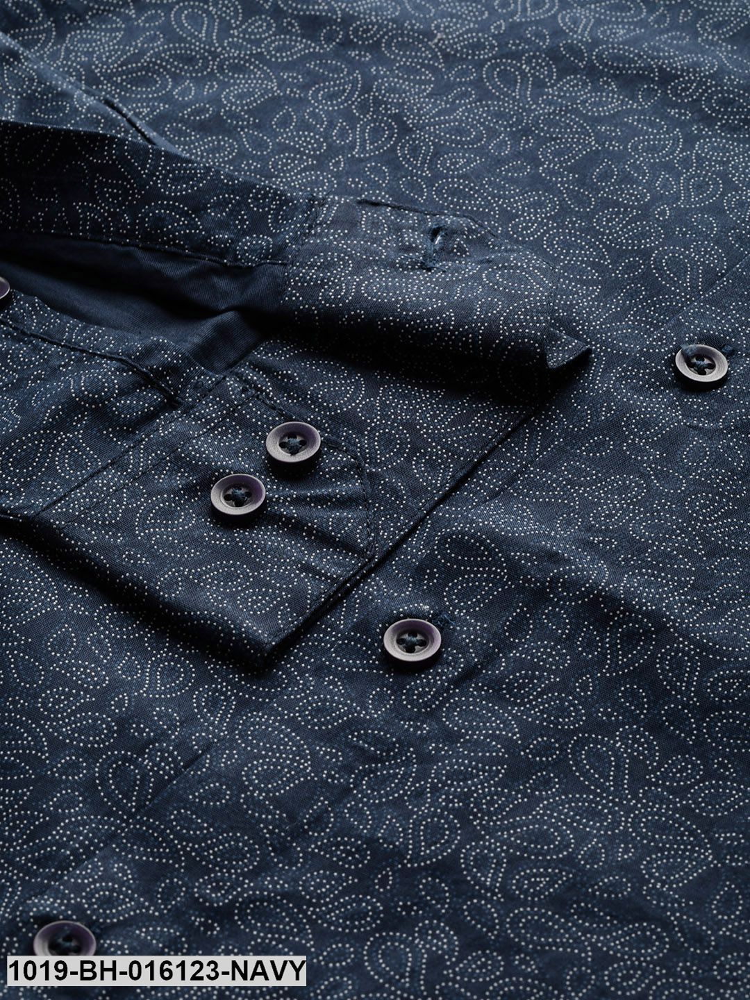 Men's Cotton Navy Blue & Silver Printed Casual Shirt