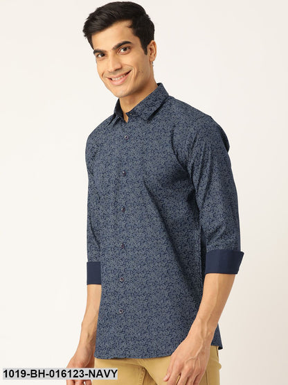 Men's Cotton Navy Blue & Silver Printed Casual Shirt