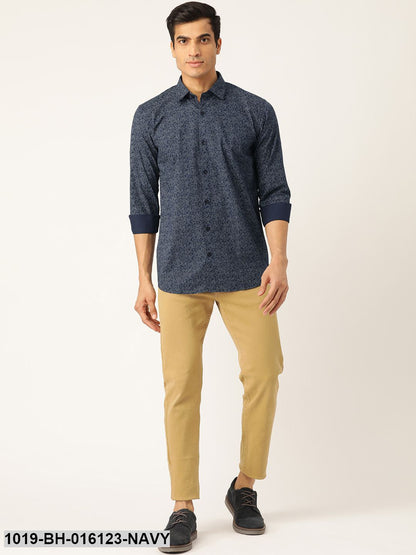 Men's Cotton Navy Blue & Silver Printed Casual Shirt