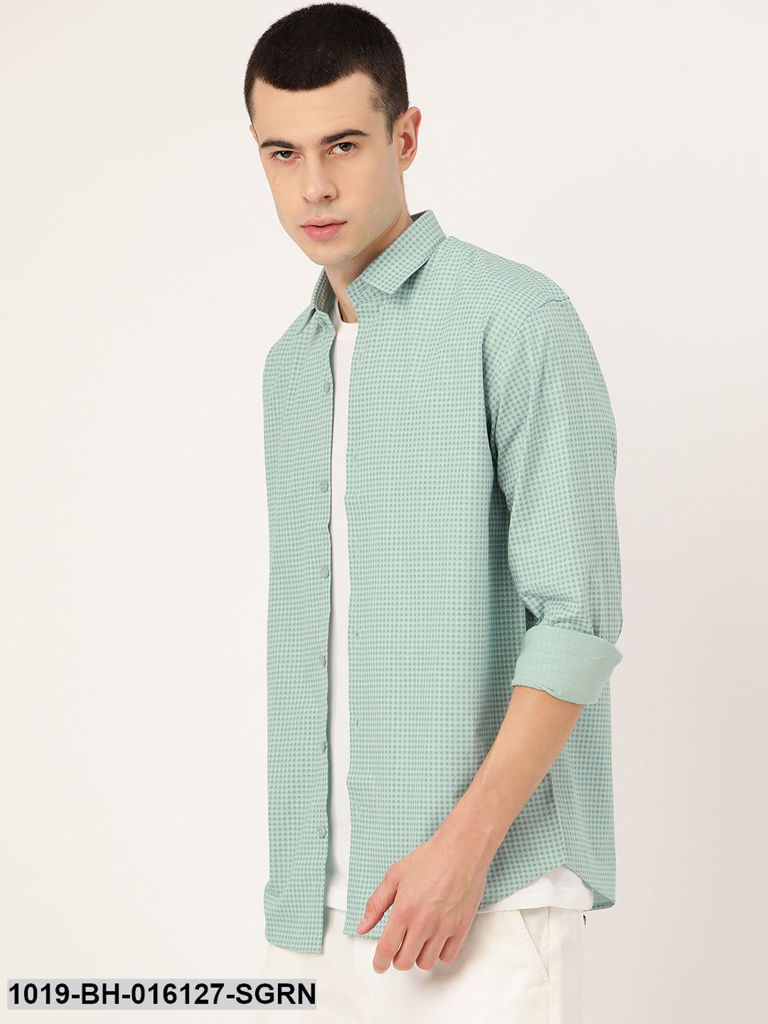 Men's Cotton Sea Green & Blue Printed Casual Shirt