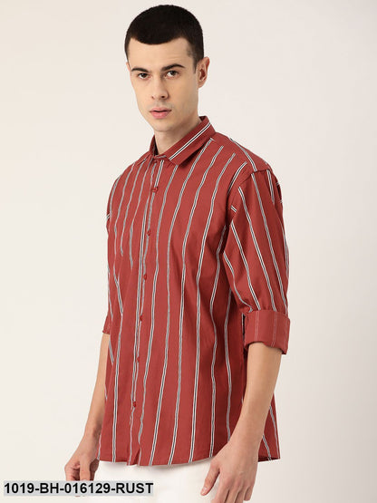 Men's Cotton Dark Rust & White Printed Casual Shirt