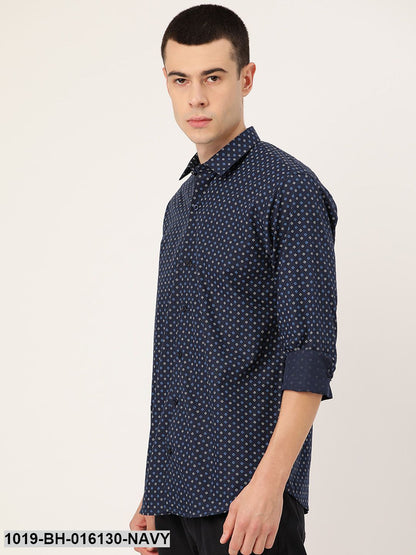 Men's Cotton Navy Blue & Multi Printed Casual Shirt