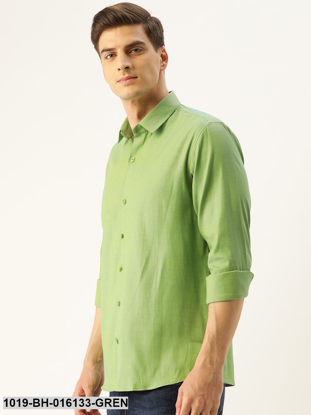 Men's Cotton Green Self Design Casual Shirt