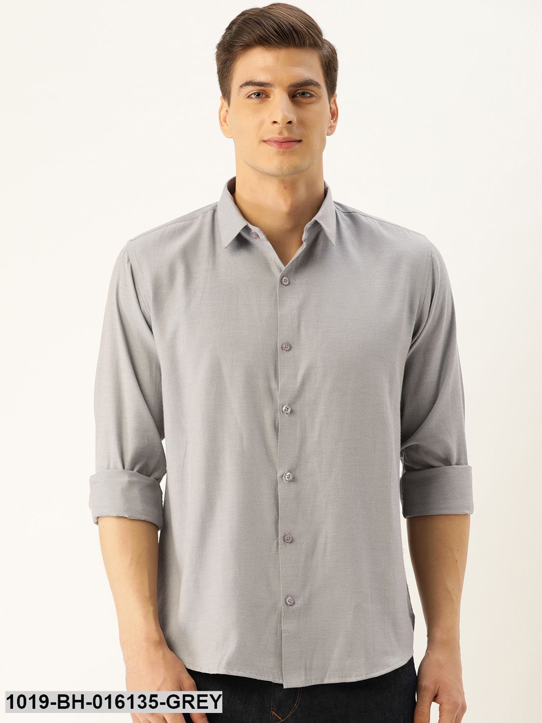 Men's Cotton Grey Self Design Casual Shirt