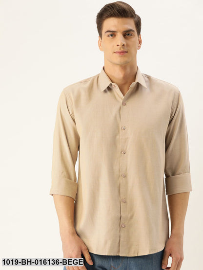 Men's Cotton Beige Self Design Casual Shirt