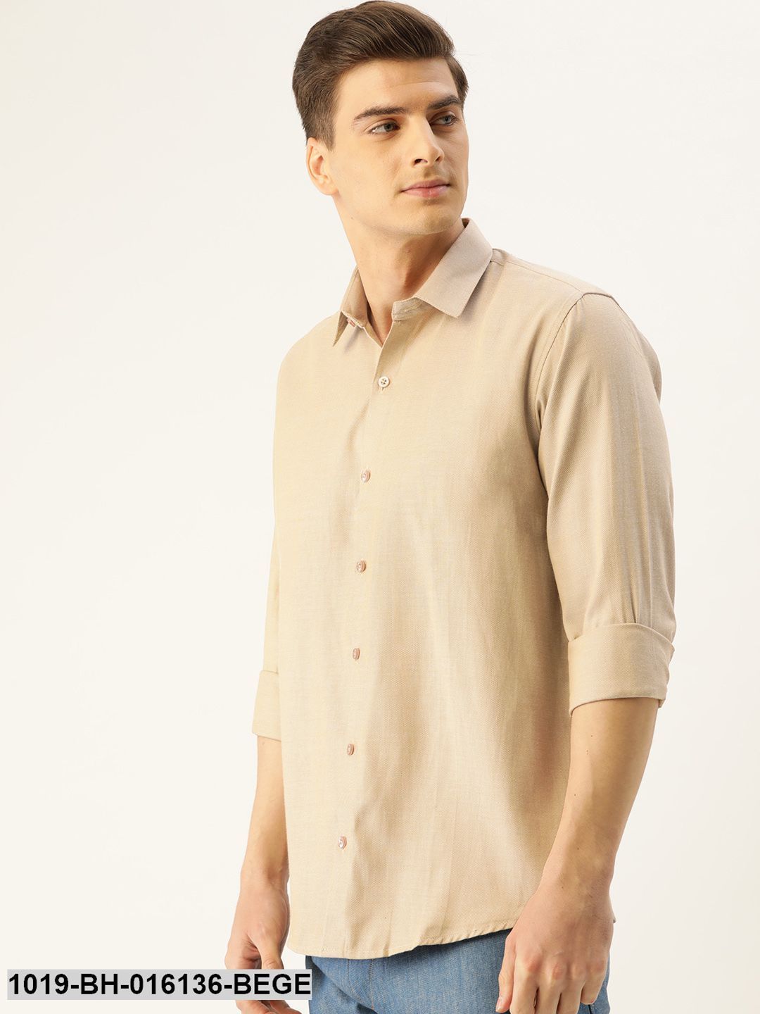 Men's Cotton Beige Self Design Casual Shirt