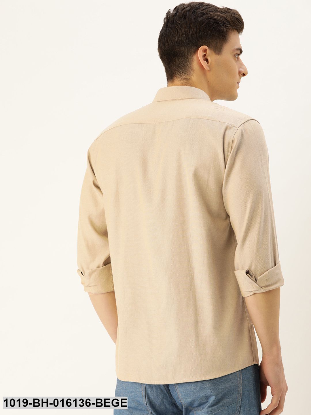 Men's Cotton Beige Self Design Casual Shirt