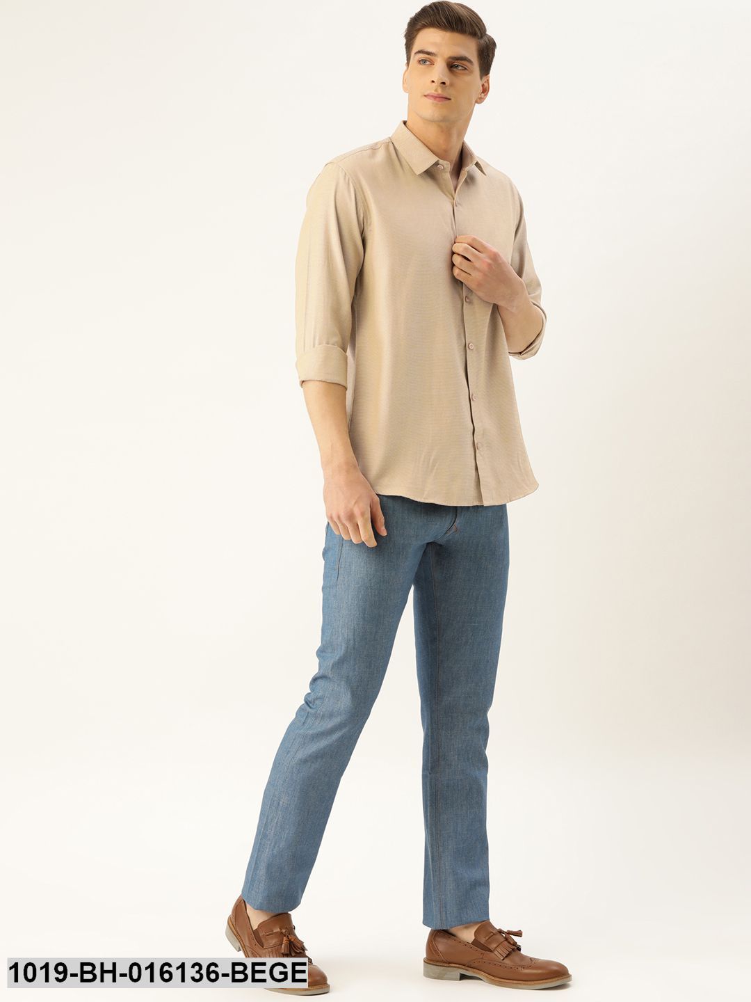 Men's Cotton Beige Self Design Casual Shirt