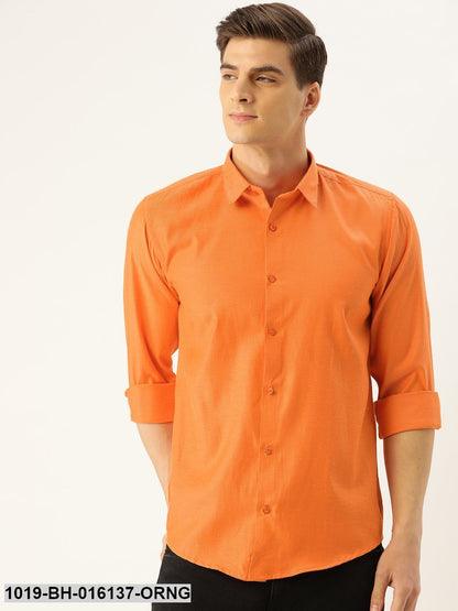 Men's Cotton Orange Self Design Casual Shirt