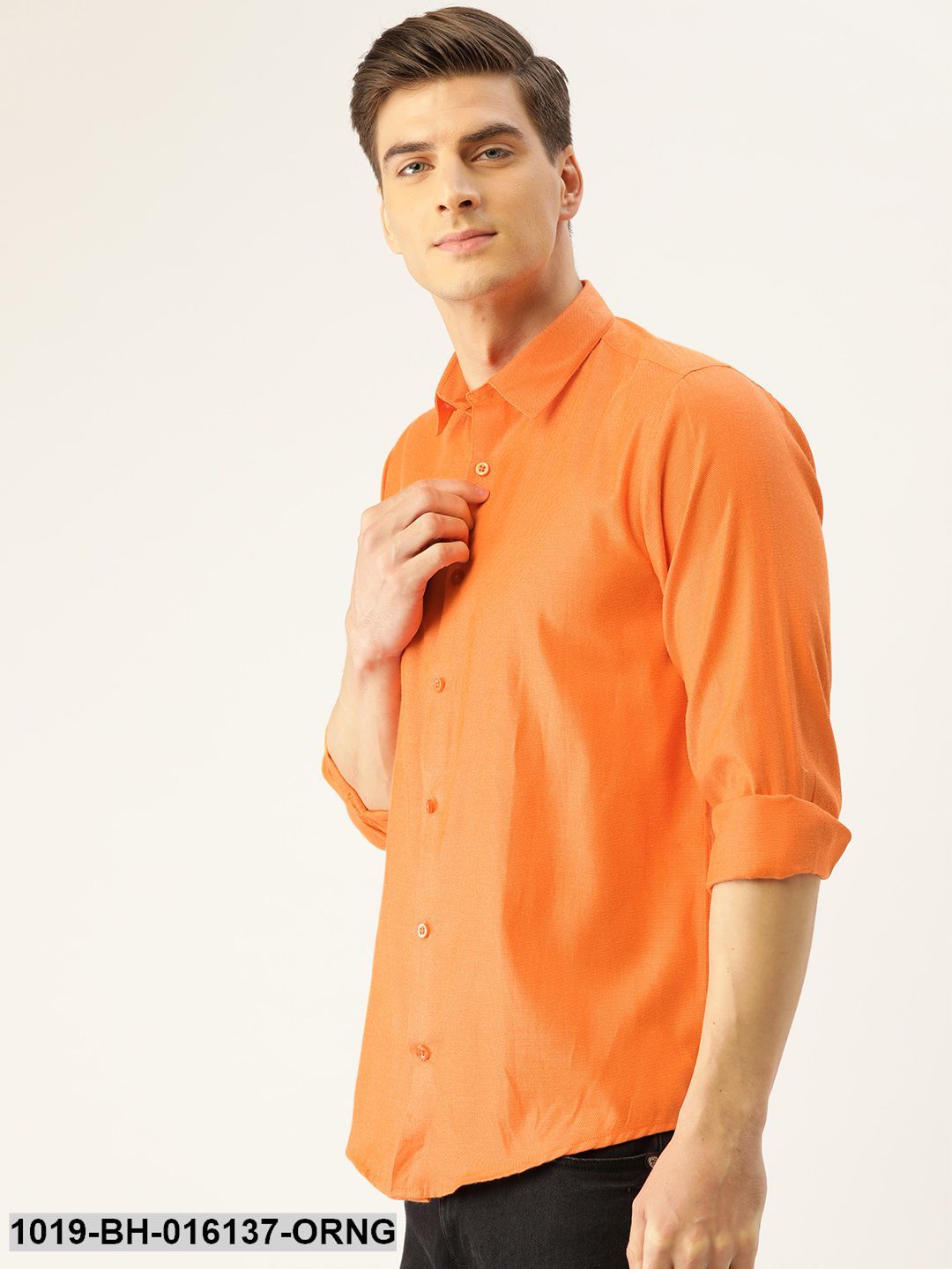 Men's Cotton Orange Self Design Casual Shirt